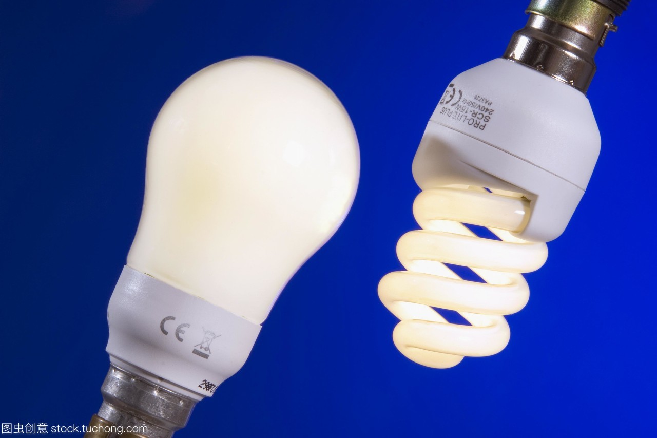 節(jié)能燈泡。兩種不同類(lèi)型的緊湊型熒光燈cfl或節(jié)能燈泡,包括螺旋型左和圓形右。螺旋型為11瓦,相當(dāng)于60瓦白熾燈。圓型為15瓦,相當(dāng)于75瓦白熾燈。熒光燈泡比燈絲燈泡產(chǎn)生的熱量要少,因此更多的電能轉(zhuǎn)化為光,使它們更有效率。